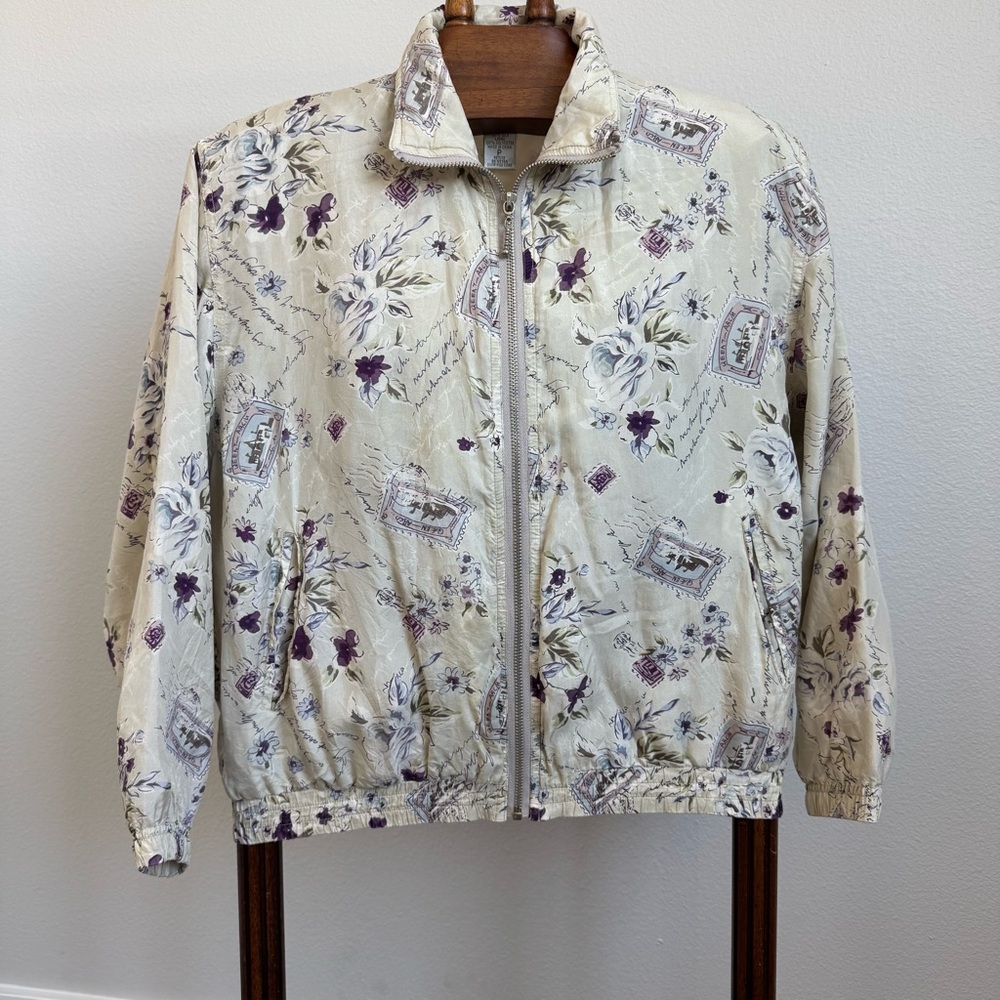 VTG 100% Silk Floral Bomber Jacket Cottagecore Grandpa Chic Petite P Zip Front